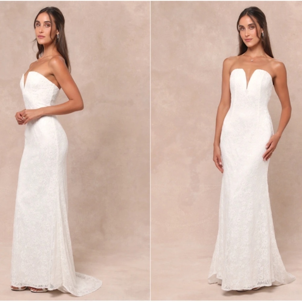 LULU's Sexy Bridal Wedding Chic Elegant Lace Bustier Sophisticated Maxi Gown - Picture 3 of 5